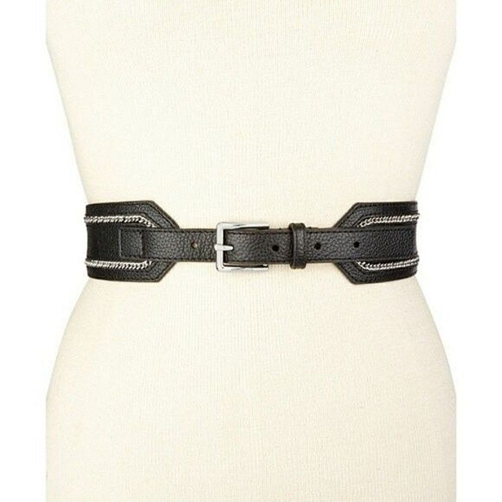 New! MICHAEL KORS Women's Pebbled Leather Black Belt With Chain Trim Size MEDIUM